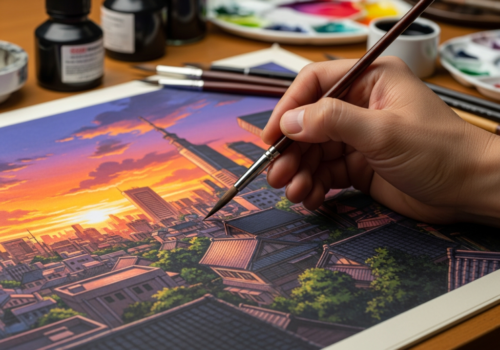 極細の面相筆でアニメの背景画を描いている画像