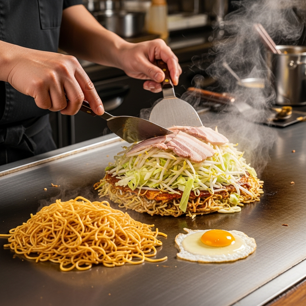 広島風お好み焼きを作っている
