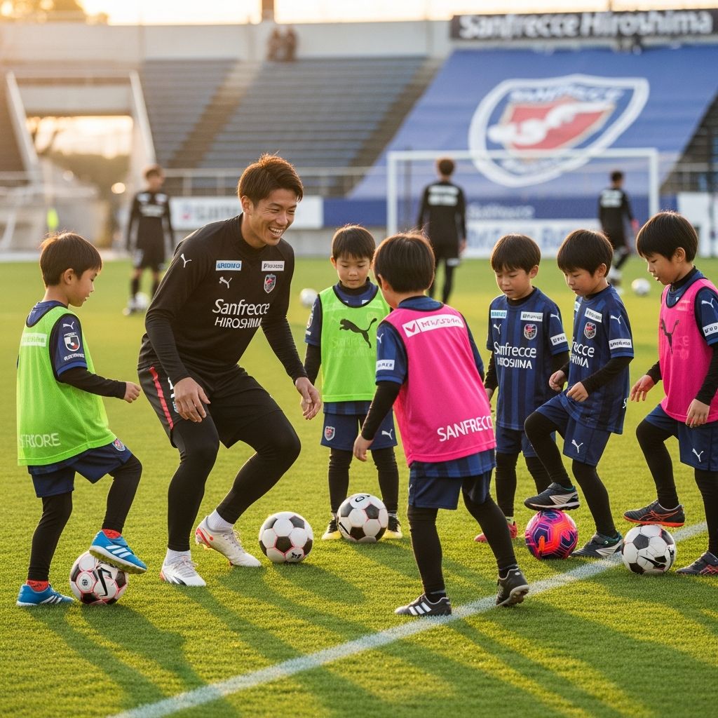 子どもと一緒に練習するサンフレッチェ広島の選手