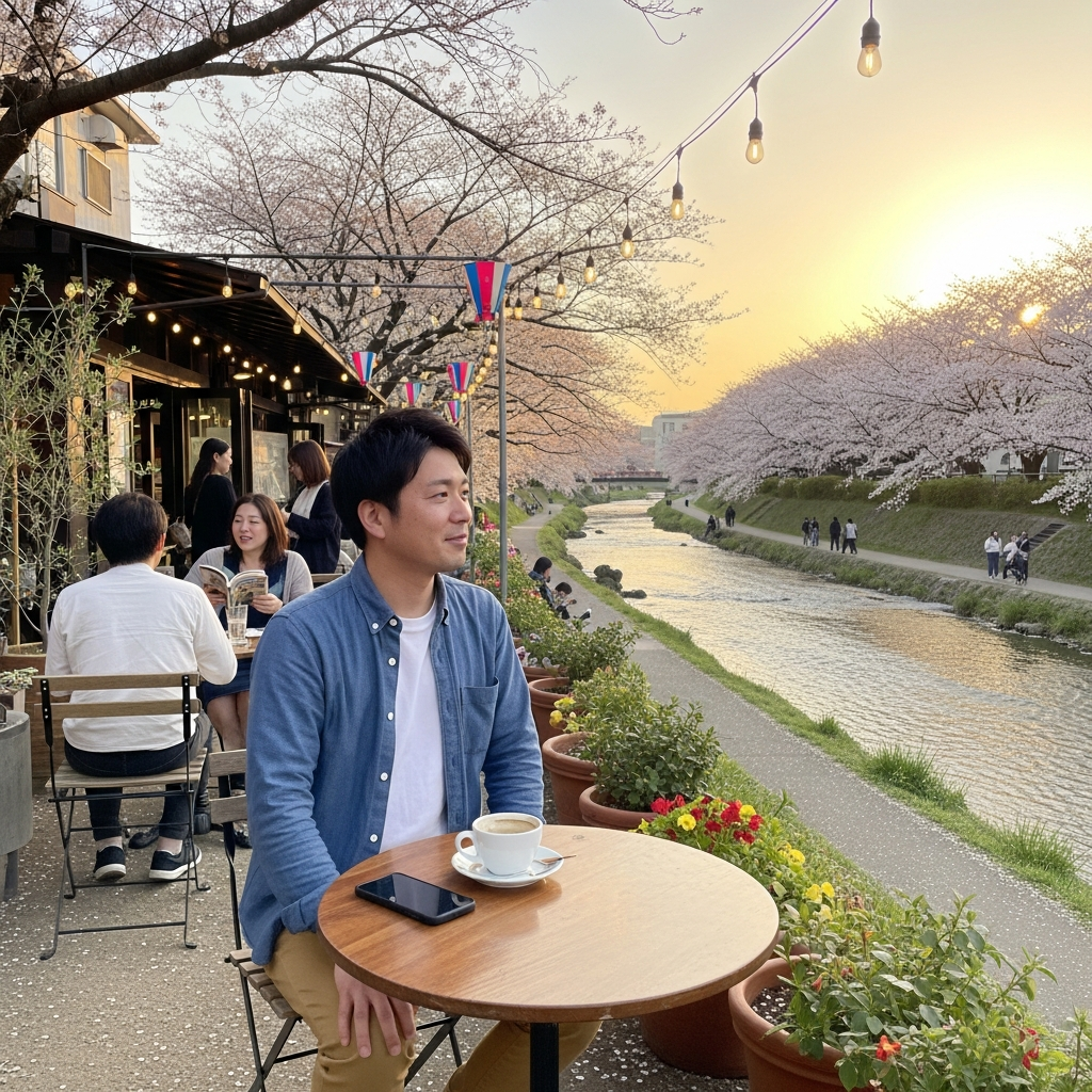 川のそばのオープンカフェ