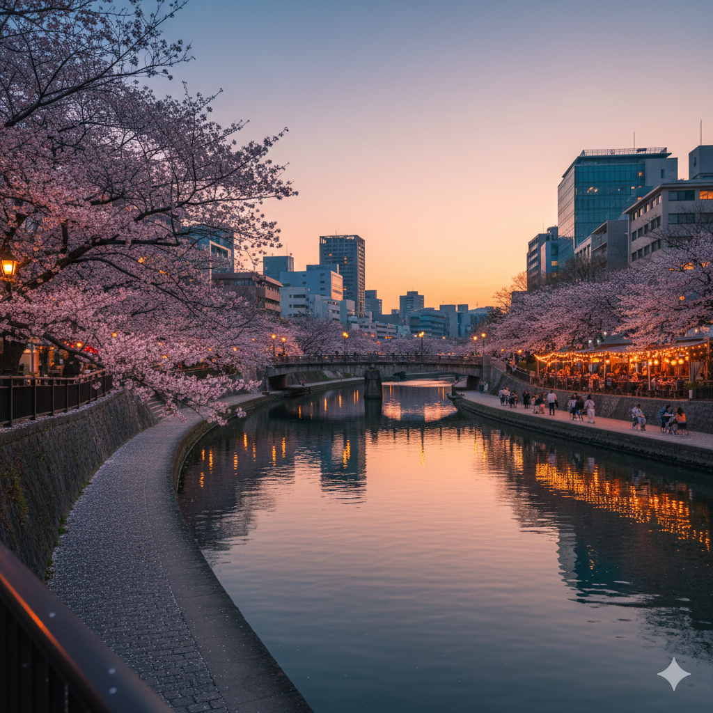 両岸を桜並木が続く京橋川