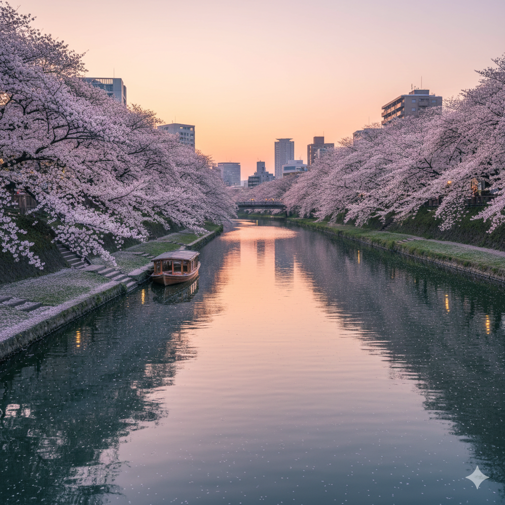 歴史ある雁木と桜並木が美しい天満川