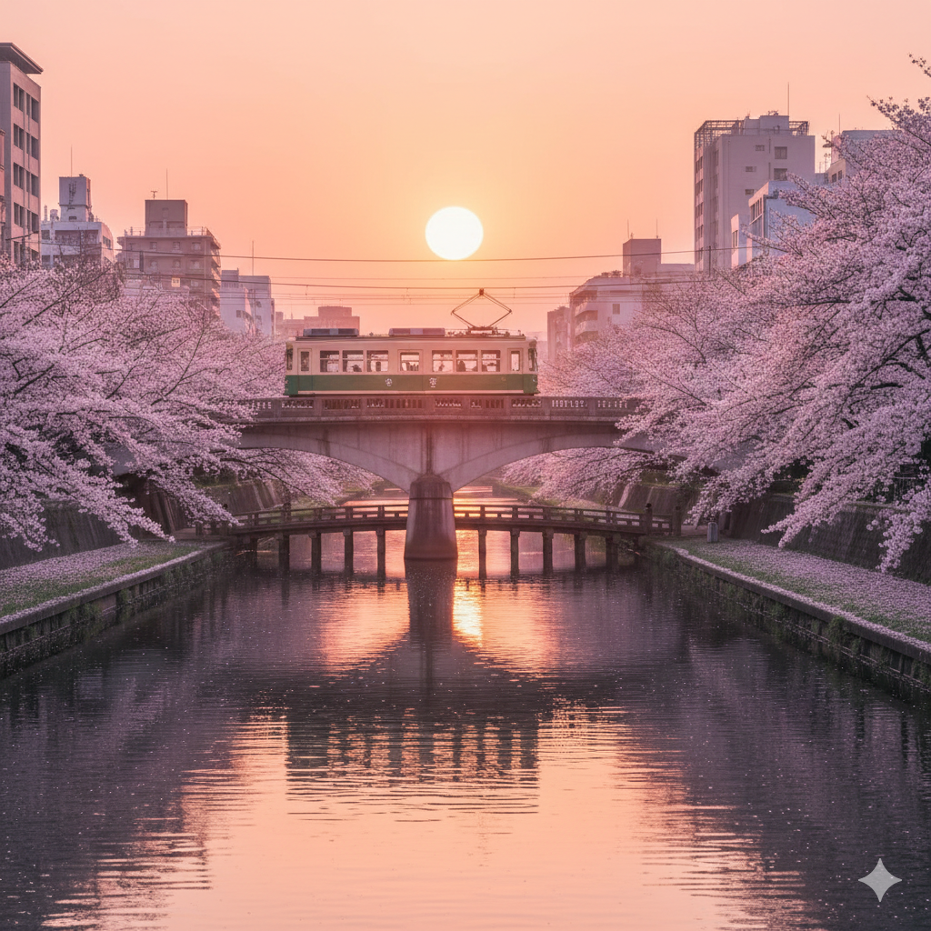 夕刻の空と路面電車と桜並木に挟まれた天満橋